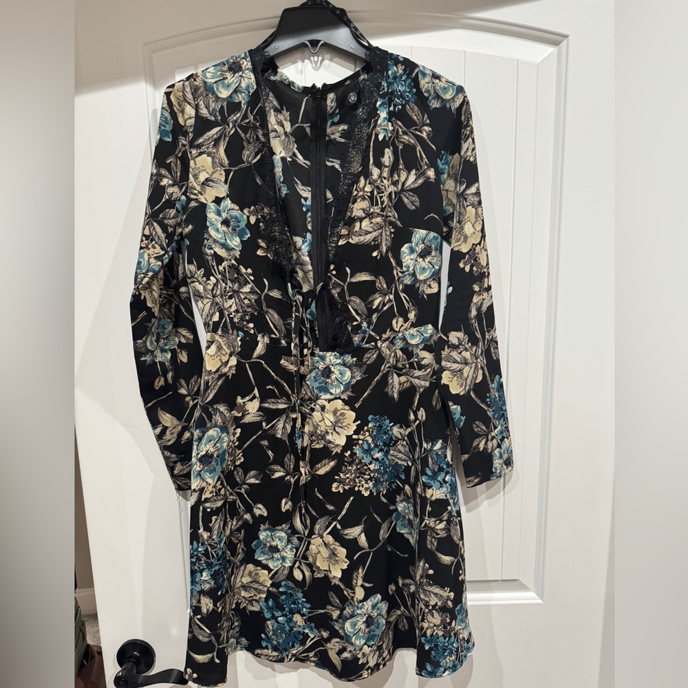 Floral Black and Blue Lace Trim Dress